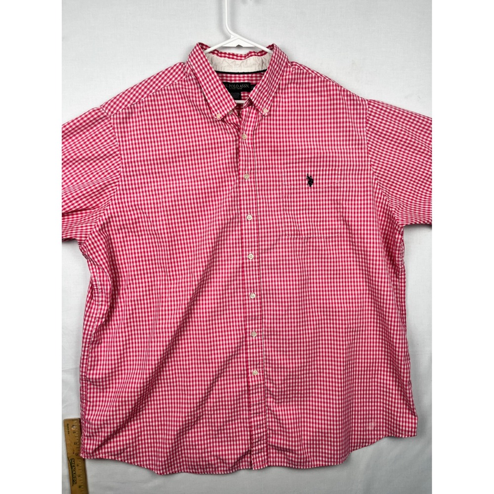 US Polo Assn Shirt Mens 2XLT Gingham‎ Button Down Short Sleeve Red White 2261